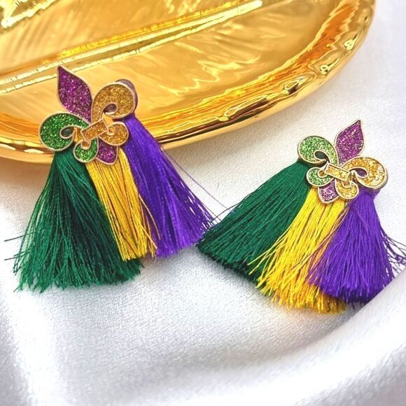 New Mardi Gras fleur de lis fringe tassel earrings - Picture 3 of 6
